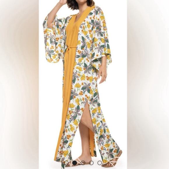 Coolibar One Size Wynwood Cover Up Maxi Dress UPF 50+ Floral Kaftan Yellow - Picture 1 of 8